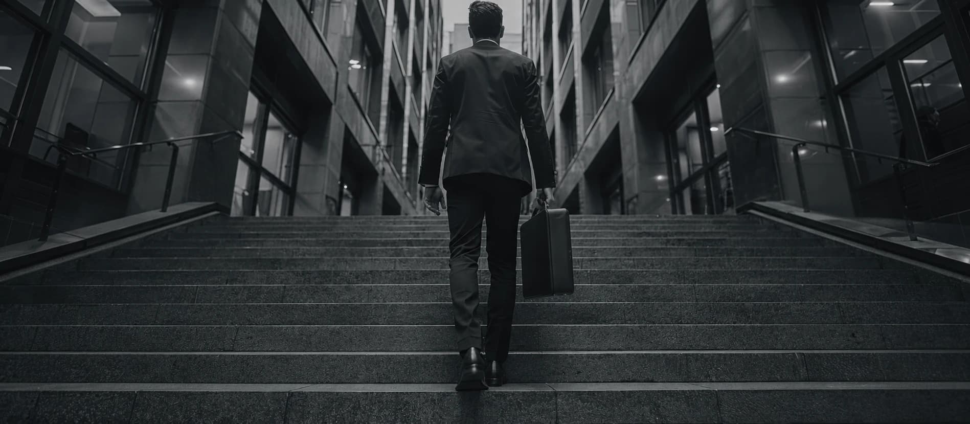 A business professional carrying a briefcase walks up steps between modern office buildings. The image represents Executive Search service for finding senior leaders and executive talent.