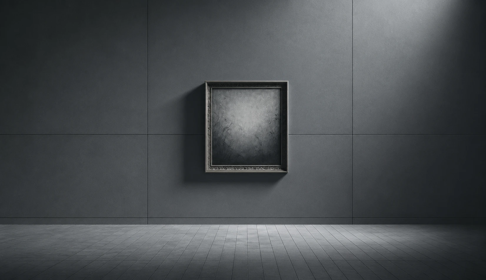 A dark room features an empty frame on a plain wall under soft lighting. The image reflects Dot&’s advisory, executive intelligence, and cybersecurity services.