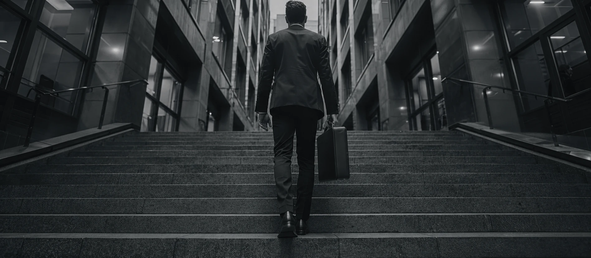 A business professional carrying a briefcase walks up steps between modern office buildings. The image represents Executive Search service for finding senior leaders and executive talent.